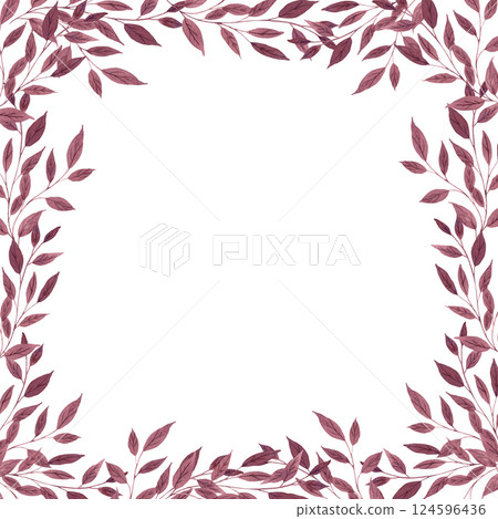 Fantasy brown and light purple twigs and leaves square frame by watercolor. 124596436
