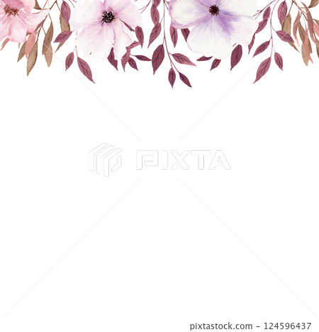 Seamless fantasy brown and light purple twigs and flowers upper board by watercolor. 124596437