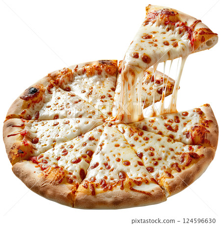 Fresh hot pizza with melting cheese on white background and one separating piece, cut-out, clipping path, transparent Fresh hot pizza with melting cheese on white background and one separating piece, cut-out, clipping path, transparent 124596630