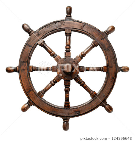 Isolated Vintage Wooden And Brass Ship's Steering Wheel on White Background, cut-out, clipping path, transparent 124596648