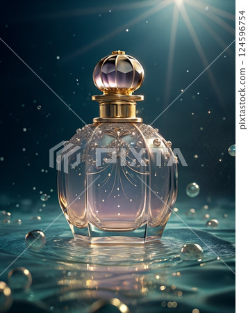 Glass perfume bottle in crystal-clear underwater depths, surrounded by shimmering light rays and floating bubbles 124596754