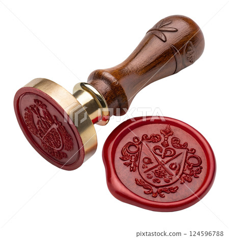 Vintage red wax seal stamp with intricate design, isolated on transparent background 124596788