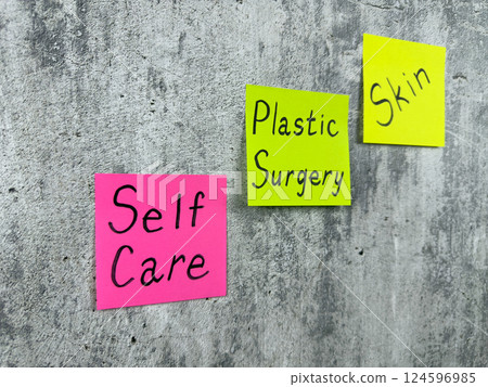 Selfcare, simple reminder on sticky notes with motivational words to control health. Conceptual photo showing the importance of selfcare to avoid plastic skin surgery 124596985