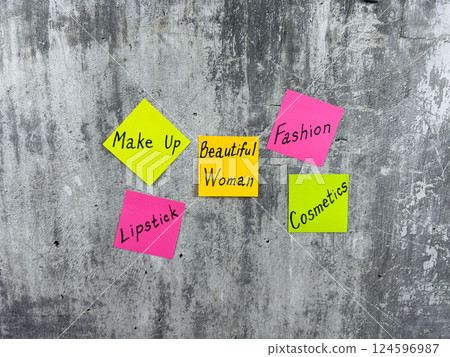 Bright stickers for notes with words about cosmetics and makeup. Girl routine in simple conceptual photo about selfcare. Fashionable beauty sphere for attractive girl Bright stickers for notes with words about cosmetics and makeup. Girl routine in simple conceptual photo about selfcare. Fashionable beauty sphere for attractive girl 124596987