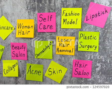 List of reminders on bright stickers with words describing all components of beauty business. Fashion industry with complex tasks of caring for body and constant routine for maintaining beauty List of reminders on bright stickers with words describing all components of beauty business. Fashion industry with complex tasks of caring for body and constant routine for maintaining beauty 124597020