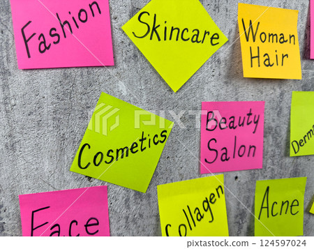 List of cosmetic procedures for body care. Stickers for notes with reminder to visit beauty salon for body and skin care. Concept of creating an attractive image with help of cosmetics and makeup List of cosmetic procedures for body care. Stickers for notes with reminder to visit beauty salon for body and skin care. Concept of creating an attractive image with help of cosmetics and makeup 124597024