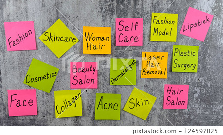 Complicated list of routine tasks for person in fashion industry. Beauty requires sacrifice. Concept with bright stickers with notes on importance of skin care and cosmetic procedures for beauty Complicated list of routine tasks for person in fashion industry. Beauty requires sacrifice. Concept with bright stickers with notes on importance of skin care and cosmetic procedures for beauty 124597025