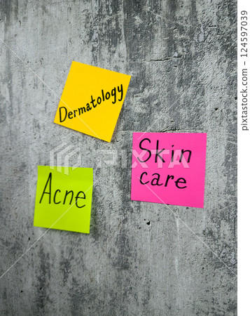 Skin care, important problem for people with epidermal defects. Bright stickers for notes with reminder to take care of your skin. Removal of acne and other skin defects Skin care, important problem for people with epidermal defects. Bright stickers for notes with reminder to take care of your skin. Removal of acne and other skin defects 124597039