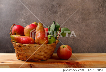 Autumn composition of apples and pears in baskets on concrete table, thanksgiving background, harvest, healthy natural food concept, detox diet and body cleansing, banner on screen, cafe, restaurant, Autumn composition of apples and pears in baskets on concrete table, thanksgiving background, harvest, healthy natural food concept, detox diet and body cleansing, banner on screen, cafe, restaurant, 124597051