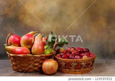 Autumn composition of apples, pears and plums in baskets on concrete table, thanksgiving background, harvest, healthy natural food concept, detox diet and body cleansing, banner on screen, cafe, Autumn composition of apples, pears and plums in baskets on concrete table, thanksgiving background, harvest, healthy natural food concept, detox diet and body cleansing, banner on screen, cafe, 124597052