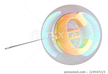 Economic or Financial bubble, concept. Euro symbol inside soap bubble with needle. 3D rendering Economic or Financial bubble, concept. Euro symbol inside soap bubble with needle. 3D rendering 124597223