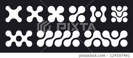 Abstract metaball figures. Metaball connected shapes, round blobs icons flat vector illustration set. Liquid molecule shapes on white Abstract metaball figures. Metaball connected shapes, round blobs icons flat vector illustration set. Liquid molecule shapes on white 124597491