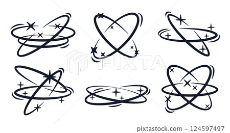 Brutalist ellipse frames. Abstract y2k oval shapes with stars and sparkles, Y2K frames flat vector illustration set. Brutalism old school aesthetic elements 124597497