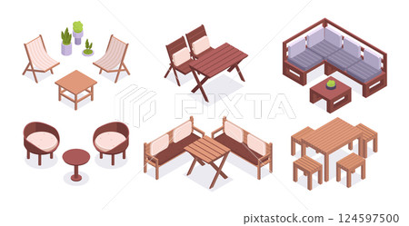 Garden furniture. Isometric chairs and coffee tables, comfortable backyard or terrace furniture 3d vector illustration set. Backyard furniture collection 124597500