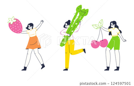 Girls carrying huge food. Women with big fruits and vegetables flat vector illustration set. Tiny females carry various food Girls carrying huge food. Women with big fruits and vegetables flat vector illustration set. Tiny females carry various food 124597501