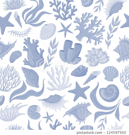 Marine sea shells seamless pattern. Underwater fauna, starfish and corals, scallops, mollusks and shellfish flat vector background illustration. Cartoon seashells endless design Marine sea shells seamless pattern. Underwater fauna, starfish and corals, scallops, mollusks and shellfish flat vector background illustration. Cartoon seashells endless design 124597503