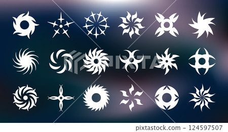 Neo tribal shapes. Brutalist y2k circle shapes, sharp decorative mandalas flat vector illustration set. Spiral neo tribal elements 124597507