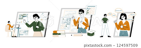 Online education. E-learning service and web classes, teachers on gadget screen provide educational service flat vector illustration set. Studying web platform app 124597509