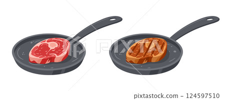 Pan-fried beef steak. Raw and roasted meat on frying pan, roasted meat semi-finished product flat vector illustration. Cartoon meat steak cooking on frying pan 124597510