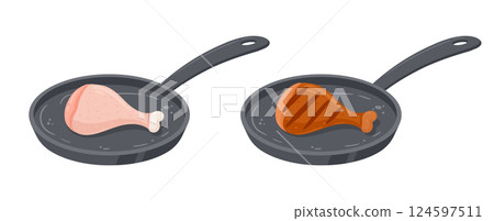 Pan-fried chicken leg. Raw and roasted chicken meat on frying pan, roasted meat semi-finished product flat vector illustration. Cartoon chicken leg cooking on frying pan Pan-fried chicken leg. Raw and roasted chicken meat on frying pan, roasted meat semi-finished product flat vector illustration. Cartoon chicken leg cooking on frying pan 124597511