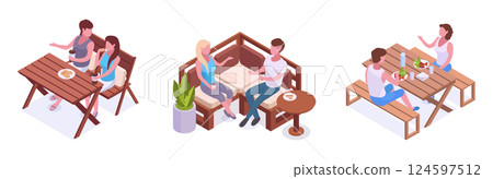 People eating outdoor. Isometric characters spending time on backyard, summerhouse garden furniture and chilling people 3d vector illustration set. Relaxing characters People eating outdoor. Isometric characters spending time on backyard, summerhouse garden furniture and chilling people 3d vector illustration set. Relaxing characters 124597512