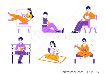 Reading characters with books. Book lovers, young woman and man literature fans isolated flat vector illustration set. Reading people on white Reading characters with books. Book lovers, young woman and man literature fans isolated flat vector illustration set. Reading people on white 124597513