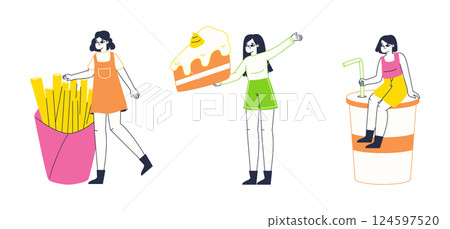 Women with huge food. Girls carrying big fast food flat vector illustration set. Tiny females carry various food Women with huge food. Girls carrying big fast food flat vector illustration set. Tiny females carry various food 124597520