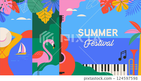 Colorful Geometric Summer Music Festival and Travel Background, poster, banner. Summer time fun Colorful Geometric Summer Music Festival and Travel Background, poster, banner. Summer time fun 124597598