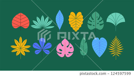 Summer tropic leaves design collection. Geometric simple, flat, modern style. Summer illustrations 124597599