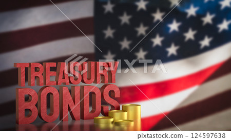 The Red treasury bond and gold coins for Business 3d Rendering. 124597638
