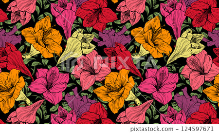 Large Flowers Vector Seamless Pattern Background Floral Design for Fabric Textile or Wallpaper, Elegant Amaryllis Botanical Line Art Print in Bright Red and Orange Colors 124597671