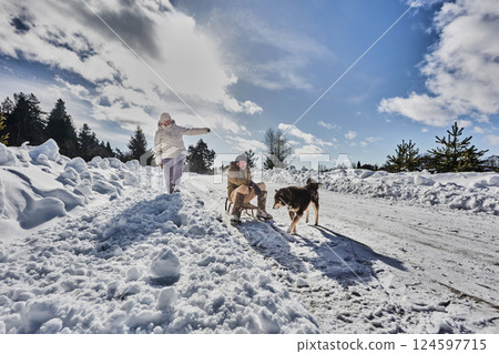 Sledding down hill on country road, man and woman in their 50s walking dog and sledding down snowy hill. 124597715