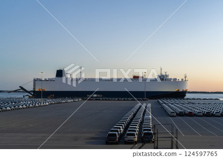Ro-Ro Ship and New Cars on Large Parking Lot in Port Ro-Ro Ship and New Cars on Large Parking Lot in Port 124597765