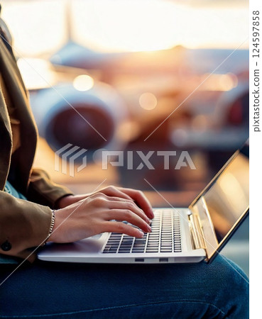 The hands of a stylish woman operating a computer at the airport 124597858