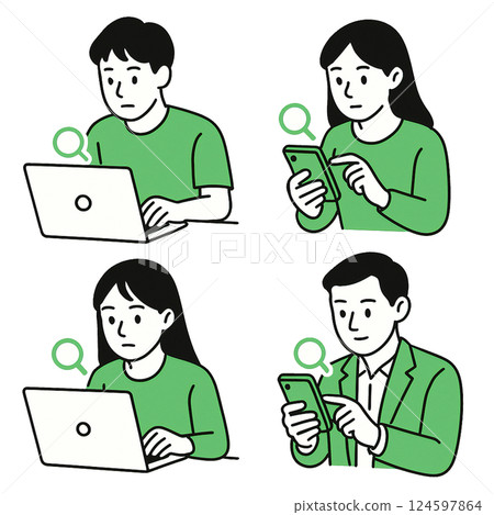 男人和女人在智慧型手機和筆記型電腦上搜尋插圖集 男人和女人在智慧型手機和筆記型電腦上搜尋插圖集 124597864