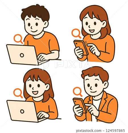 一群十幾歲的男孩和女孩使用筆記型電腦和智慧型手機進行搜尋的插圖 一群十幾歲的男孩和女孩使用筆記型電腦和智慧型手機進行搜尋的插圖 124597865