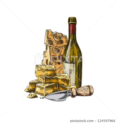 Composition of different cheeses with bottle of wine and cheese knife vector sketch, hand drawn maasdam and parmesan Composition of different cheeses with bottle of wine and cheese knife vector sketch, hand drawn maasdam and parmesan 124597968