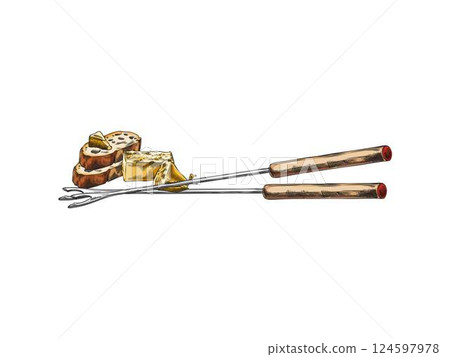 Cheese fondue ingredients and fondue skewer vector sketch, hand drawn cheese piece with bread slice, Parmesan with toast Cheese fondue ingredients and fondue skewer vector sketch, hand drawn cheese piece with bread slice, Parmesan with toast 124597978