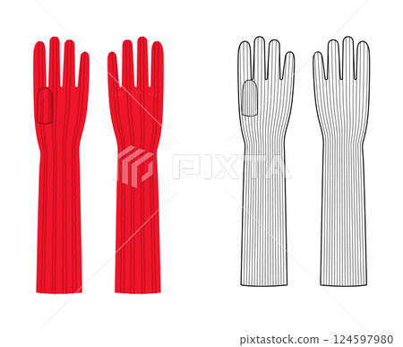 Knit Wool Gloves Elbow length red cartoon and flat mockup sketch Fashion hand accessory clothing technical illustration 124597980