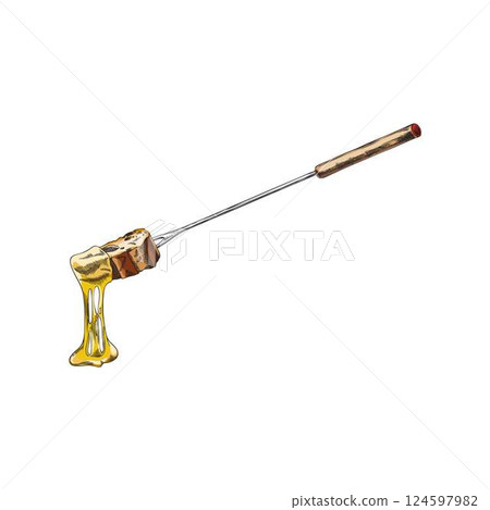 Cheese fondue vector sketch, hand drawn melted cheese with bread slice, dripping hot cream on fondue skewer with toast 124597982