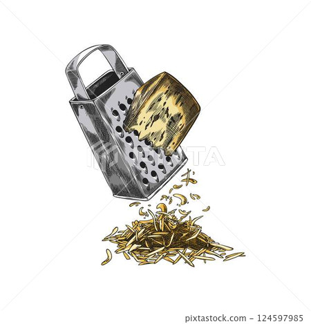 Edam cheese grated by kitchen grater equipment vector sketch, hand drawn healthy snack, cooking recipe ingredient 124597985