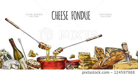 Banner with watercolor sketch of fondue equipment and ingredients in seamless bottom border. 124597988