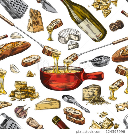 Cheese fondue sketch vector seamless pattern, melted cheese with bread slice on fondue skewer and bowl, wine and garlic 124597996