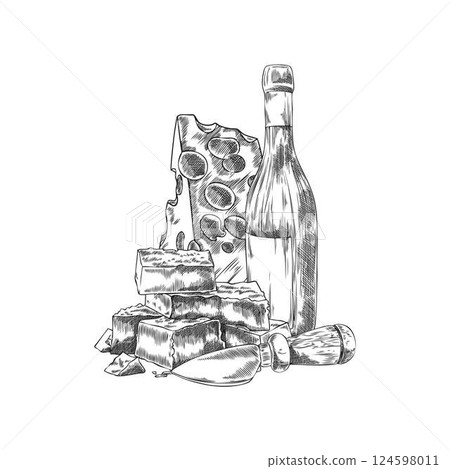 Composition of different cheeses with bottle of wine and cheese knife vector engraved sketch, maasdam and parmesan Composition of different cheeses with bottle of wine and cheese knife vector engraved sketch, maasdam and parmesan 124598011