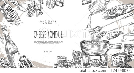 Cheese fondue engraved sketch vector banner, melted cheese with bread slice on fondue skewer and bowl, wine and garlic Cheese fondue engraved sketch vector banner, melted cheese with bread slice on fondue skewer and bowl, wine and garlic 124598024