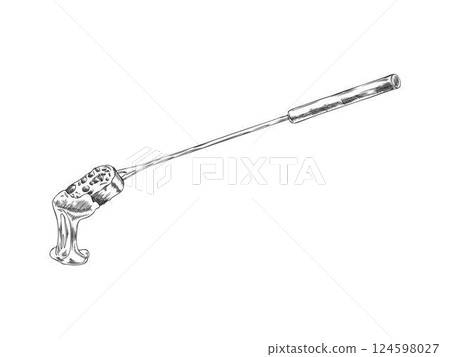 Cheese fondue vector engraved sketch, melted cheese with bread slice, dripping hot cream on fondue skewer with toast 124598027
