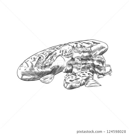 Vector monochrome, sketch of French baguette with pieces of parmesan cheese and garlic cloves. 124598028