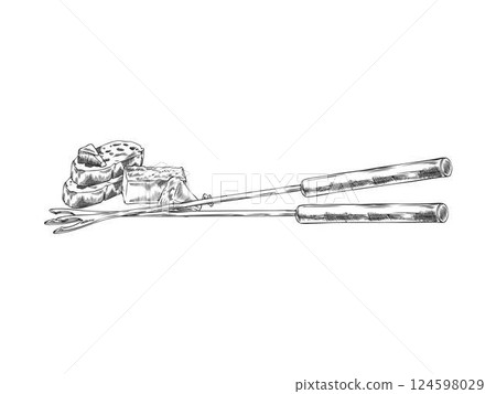Black and white sketch with fondue forks, bread slices and cheese slices. Black and white sketch with fondue forks, bread slices and cheese slices. 124598029