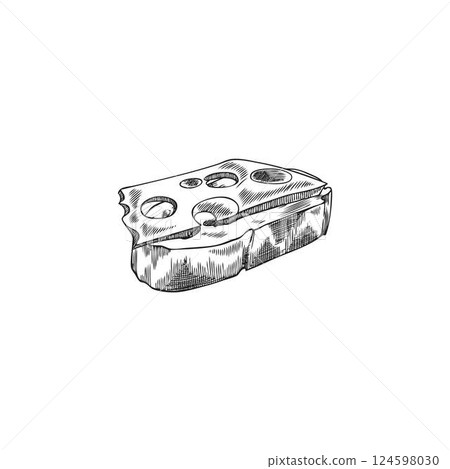 Sandwich with Maasdam cheese slice vector engraved sketch, cheese slice with round holes on bread slice, healthy snack Sandwich with Maasdam cheese slice vector engraved sketch, cheese slice with round holes on bread slice, healthy snack 124598030