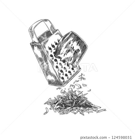 Edam cheese grated by kitchen grater equipment vector sketch, engraved hand drawn healthy snack, cooking ingredient Edam cheese grated by kitchen grater equipment vector sketch, engraved hand drawn healthy snack, cooking ingredient 124598031